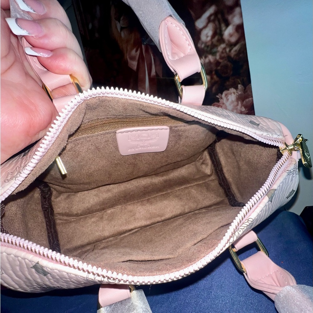 Inspired Pink Visetos Barrel Crossbody Bag with Detachable Pink Logo Strap - Picture 7 of 11